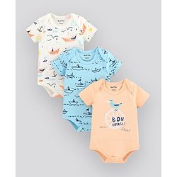 Bonfino Half Sleeves Onesies Boat Print Pack of 3 - Off White Blue Peach