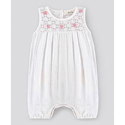 Bonfino girls Sleeveless Romper with Lach and Crocheted Flowers Detailing - White