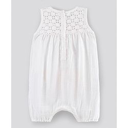 Bonfino girls Sleeveless Romper with Lach and Crocheted Flowers Detailing - White