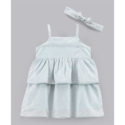 Bonfino Cotton Sleeveless Frock With Headband Stripes Print- Blue