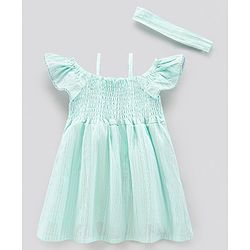 Bonfino Cold Shoulder Sleeves Frock with Headband - Green