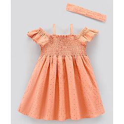 Bonfino Cold Shoulder Sleeves Frock with Headband - Orange