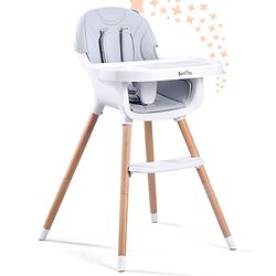 Bonfino Feaster 3-in-1 High Chair - Compact, Portable, Adjustable Tray, Grey| Small Chair & Dining Chair Modes| 5-point Safety Harness| Dishwasher Safe Food Tray| Wooden Legs with Anti-skid Cap