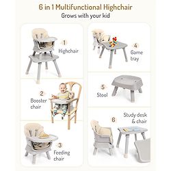 Bonfino Bliss 6-in-1 High Chair - Convertible Booster & Dining Chair, Study & Game Table with Removable Game Tray with Grooves - Grey| Anti-skid Legs| Removable Seat Cover| 5-point Safety Harness