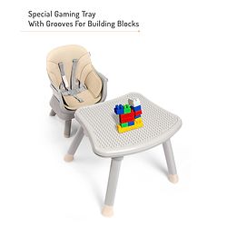 Bonfino Bliss 6-in-1 High Chair - Convertible Booster & Dining Chair, Study & Game Table with Removable Game Tray with Grooves - Grey| Anti-skid Legs| Removable Seat Cover| 5-point Safety Harness