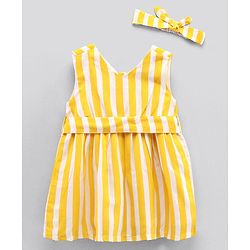 Bonfino Sleeveless Cotton Frock With Headband Striped  - Yellow