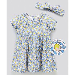 Bonfino Half Sleeves All Over Printed Frock With Headband - Yellow