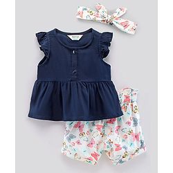 Bonfino Flutter Sleeves Top & Shorts Set Solid & Butterflies Print - Blue White