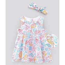 Bonfino Sleeveless Cotton Frock With Headband Leaf Print  - White