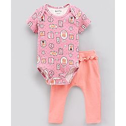 Bonfino Half Sleeves Cotton Onesies With Leggings Kitty Print - Pink