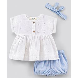 Bonfino Short Sleeves Top & Shorts Set With Headband Solid - Blue White