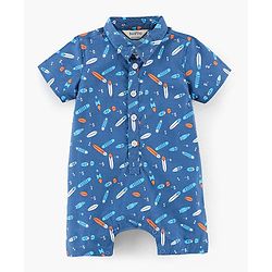 Bonfino Woven Half Sleeves Romper Rocket Print - Blue