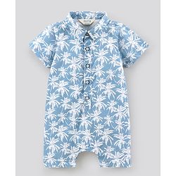 Bonfino Half Sleeves Cotton Romper Tree Print - Blue