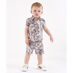 Bonfino Half Sleeves Shirt & Shorts Leaf Print - Off White