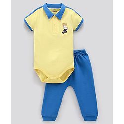 Bonfino Half Sleeves Onesie with Leggings Teddy Print - Yellow Blue