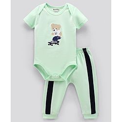 Bonfino Half Sleeves Onesie with Leggings Teddy Print - Light Green