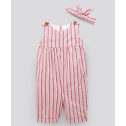 Bonfino Sleeveless Striped Romper with Headband - White Red