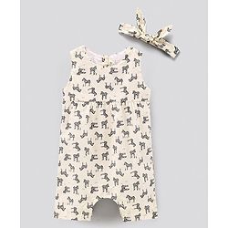 Bonfino Cotton Woven Sleeveless Zebra Printed Romper - White