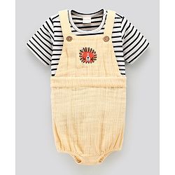 Bonfino Dungaree With Half Sleeves Striped Inner Tee Placement Print- Yellow