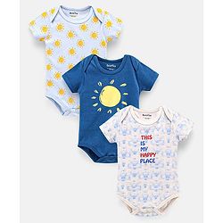 Bonfino Half Sleeves Cotton Onesies Text and Sun Print Pack of 3 - Blue