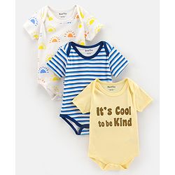 Bonfino Half Sleeves Cotton Onesies Statement Print and Striped Pack of 3 - Off White Yellow Blue