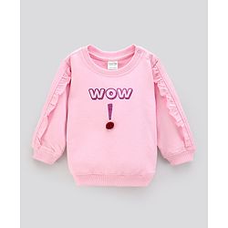 Bonfino Cotton Knit Full Sleeves Sweatshirt With Foil Print And Frill On Sleeves - Pink