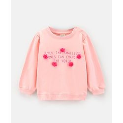 Bonfino Cotton Full Sleeves Sweatshirt With Glitter Print & Flower Detailing - Peach