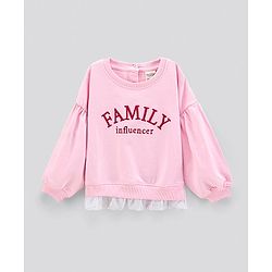 Bonfino Cotton Knit Full Sleeves Sweatshirt With Frill On Sleeves And Embroidery - Pink