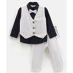 Bonfino Woven Party Wear Full Sleeve Shirt With Waistcoat & Trouser - Navy