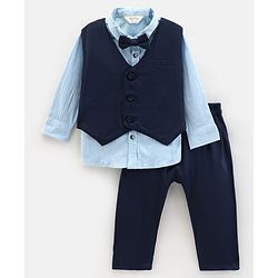 Bonfino Woven Party Wear Full Sleeve Shirt With Waistcoat & Trouser - Light Blue