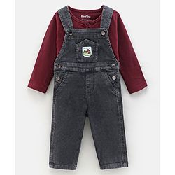 Bonfino Cotton Denim Dungarees With Full Sleeves T-Shirt - Grey Maroon
