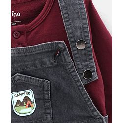 Bonfino Cotton Denim Dungarees With Full Sleeves T-Shirt - Grey Maroon