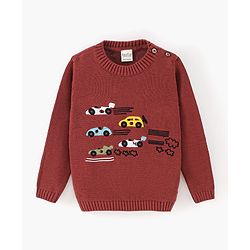 Bonfino Boys 100% Cotton Full Sleeves Sweater With Car Embroidery - Maroon