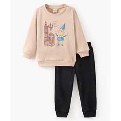 Bonfino Boys 100% Cotton Terry Full Sleeves All Over Print Top With Full Length Jogger - Beige