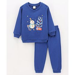 Bonfino Cotton Full Sleeves T-Shirt With Ankle Length Jogger Snowman Print - Navy