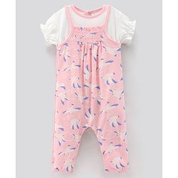 Bonfino Bonfino Cotton in Pointelle Fabric Half Sleeve T-Shirt with Dungarees Set - Pink