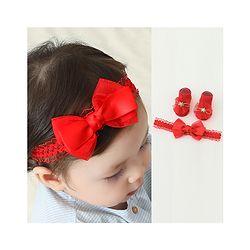 Bonfino Bow Applique Free Size Headband & Socks - Red