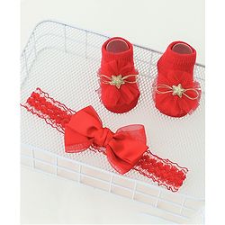 Bonfino Bow Applique Free Size Headband & Socks - Red