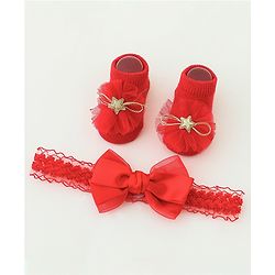 Bonfino Bow Applique Free Size Headband & Socks - Red
