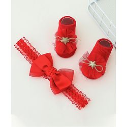 Bonfino Bow Applique Free Size Headband & Socks - Red