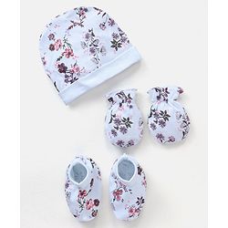 Bonfino Cotton Cap Mittens & Booties Set Floral Print Pink Blue - Diameter 12.5 cm