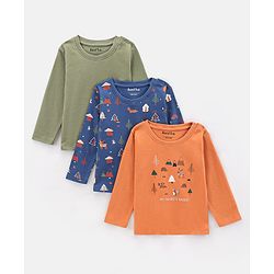 Bonfino Cotton Knit Full Sleeves T-Shirt Tree Print Pack of 3 - Blue Green Orange