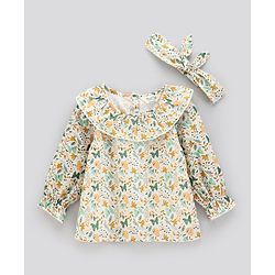 Bonfino Full Sleeves Top With Headband All Over Printed - White