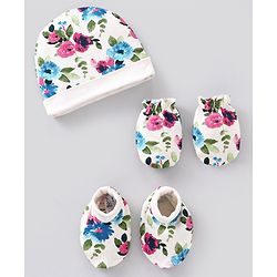 Bonfino Cotton Cap Mittens & Booties Set Floral Print Ivory - Diameter 11.5 cm