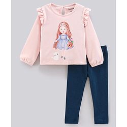 Bonfino 100% Cotton Knit Full Sleeves Girl with Kitty Print Top & Leggings Set - Pink