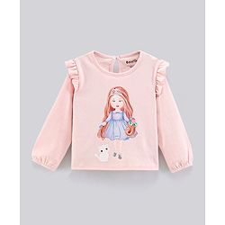 Bonfino 100% Cotton Knit Full Sleeves Girl with Kitty Print Top & Leggings Set - Pink