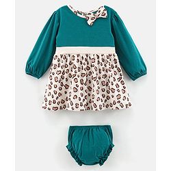 Bonfino Full Sleeves Fit & Flare Frock with Bloomer Bow Applique Leopard Print - Ivory Teal