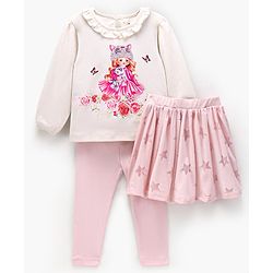 Bonfino Full Sleeves Top & Leggings Set With Skirt Doll & Stars Print- Pink