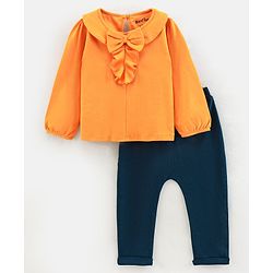 Bonfino Cotton Knit Full Sleeves Top With Leggings Set Solid Colour - Orange Teal
