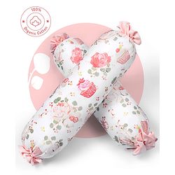 Bonfino Premium Organic Cotton Bolsters Set of 2 Cupcake Print - Pink| Safe Sleep| Girls and Boys| Protection from Crib Railing| New Born Gifting Option